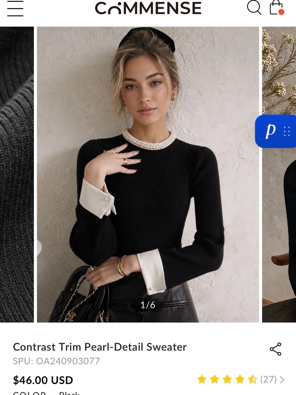 Commense Black Sweater with Pearl-Trimmed Neck and White Cuffs